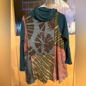 SACRED THREADS hippy patch boho tie dyed knit SWEATER TOP TUNIC OS